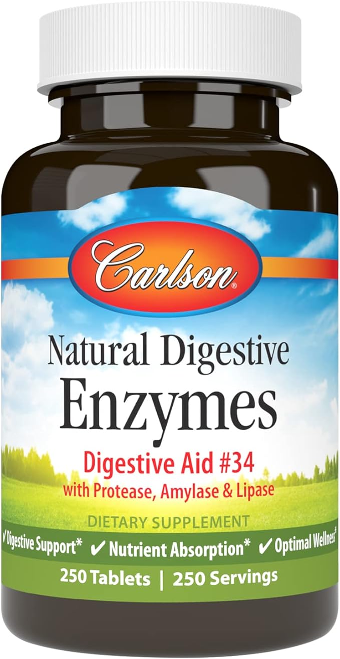 Carlson - Natural Digestive Enzymes, Digestive Aid #34 with Protease, Amylase & Lipase, Digestive Support, Nutrient Absorption & Optimal Wellness, 250 Tablets