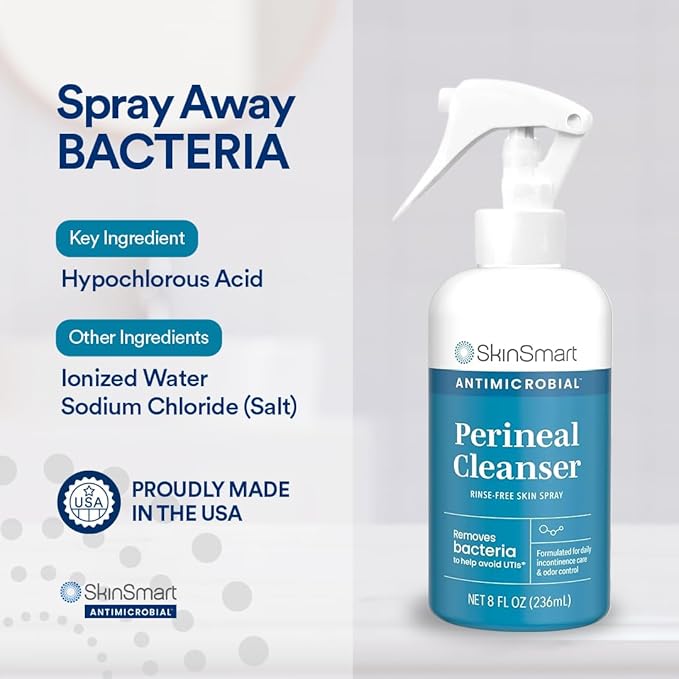 SkinSmart Antimicrobial Perineal Cleanser, Ideal for Incontinence Care and Postpartum, Removes Bacteria, 8 oz Spray