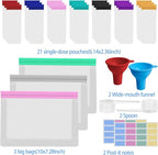 30Pcs Portable Protein Powder Travel Container Set, Reusable Powder Supplement Container To Go with 3Pcs Large Bags, 21Pcs Single-Dose Bags, 2Pcs Funnel & Spoon, Ideal for Gym & Travel