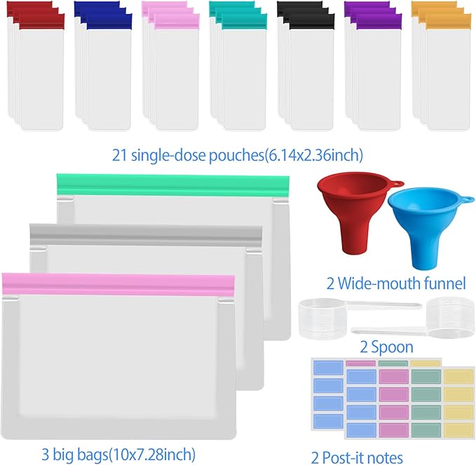 30Pcs Portable Protein Powder Travel Container Set, Reusable Powder Supplement Container To Go with 3Pcs Large Bags, 21Pcs Single-Dose Bags, 2Pcs Funnel & Spoon, Ideal for Gym & Travel