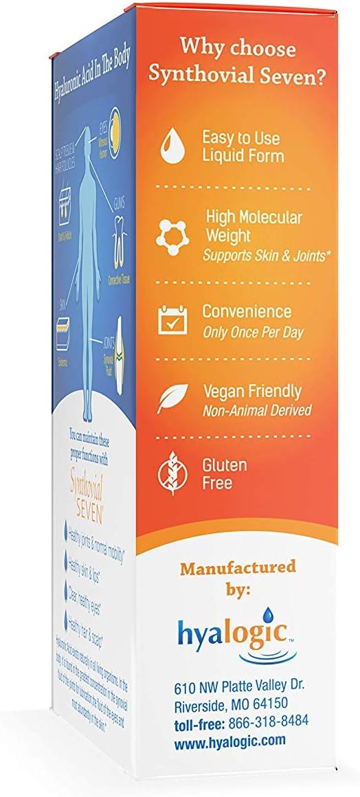 Hyalogic Synthovial Seven Liquid Hyaluronic Acid – Vegan Oral Joint & Skin Supplement, High Molecular Weight, Pure Hydration Support Supplements, 1 oz (2 Pack)