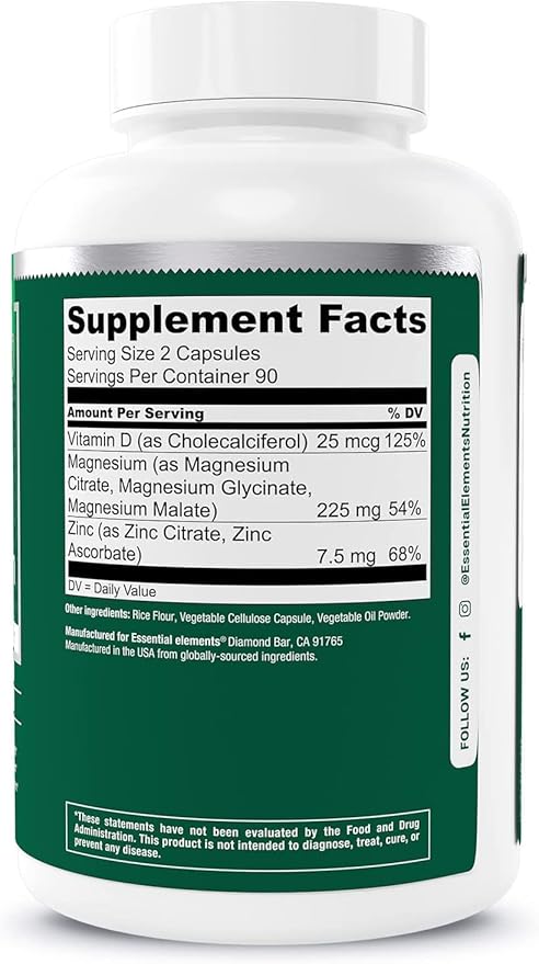 Essential Elements Magnesium Plus Zinc with Vitamin D3 - Scientifically Formulated Heart, Bone, & Muscle Support - 225mg Triple-Strength Magnesium Complex with Glycinate, Malate, Citrate - 540 Count