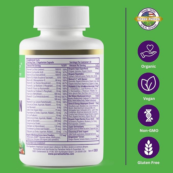 Paradise Herbs Earth's Blend Once Daily Multivitamin with Iron, 48 Organic Superfoods, Probiotics, Antioxidants, Vitamins A, B12, C, D, K2, Daily Superfood, 30 Capsules