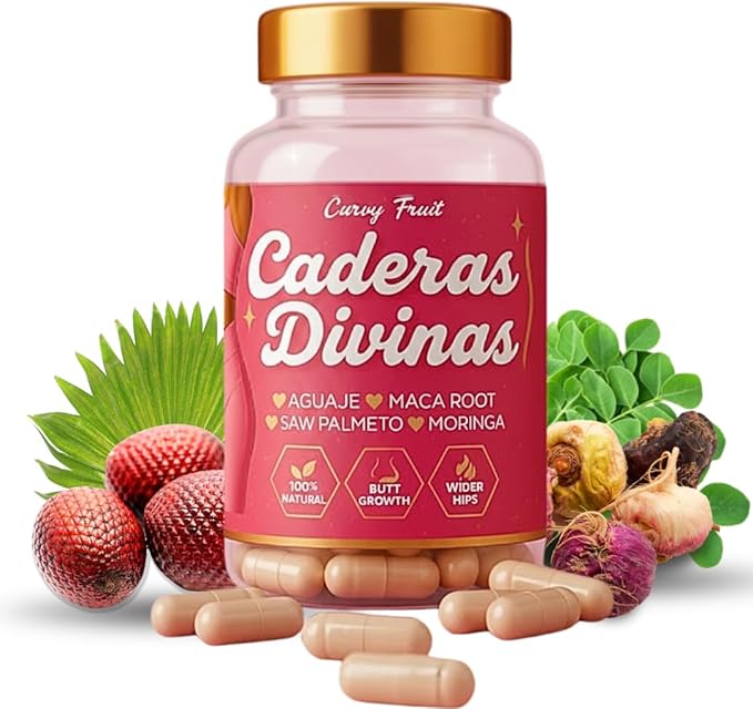 Caderas Divinas : Bigger Booty & Wider Hips – Aguaje + Maca Pills with Moringa & Saw Palmetto – 4 Super Ingredients for Natural Curve Growth – by CurvyFruit – 60 Capsules