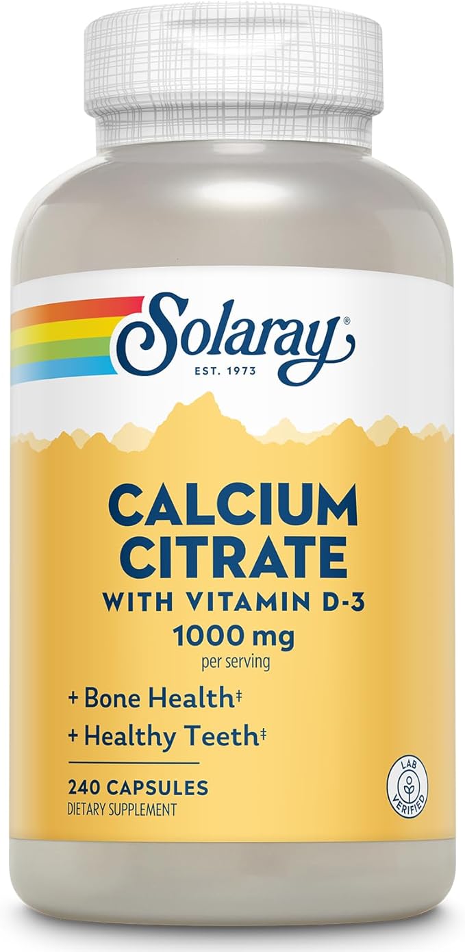 Solaray Calcium Citrate with Vitamin D3 1000mg - Bone Strength and Healthy Teeth Support - Gentle Digestion Formula - Lab Verified, 60-Day Guarantee - 60 Servings, 240 Capsules
