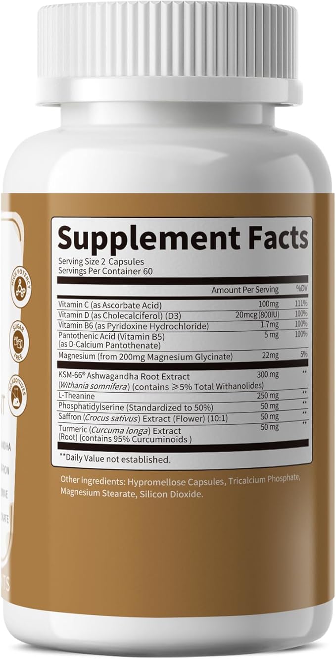 10-IN-1 Cortisol Supplements w/ KSM-66® Ashwagandha 300mg + L-Theanine 250mg, Magnesium Glycinate, Saffron, Phosphatidylserine, Turmeric & Vitamin C D3 B6 B5, For Women Men, 120 Capsules 60-Day Supply