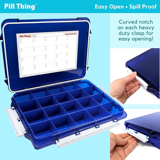 20 Compartment UV Protected Large Cobalt Blue Pill Case with Airtight Seal, Spill Proof, Silicone Gasket Waterproof Med Box with Medication Map, Medical Alert Card (Blue 2 Pack)