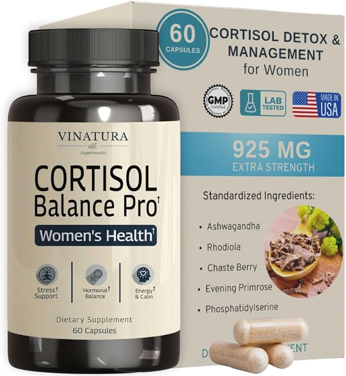 VINATURA Cortisol Supplements for Women - Cortisol Detox and Management - Adrenal Support, Stress Support, 60 Vegan Capsules