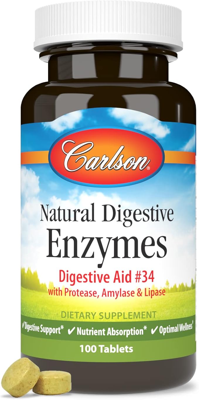 Carlson - Natural Digestive Enzymes, Digestive Aid #34 with Protease, Amylase & Lipase, Digestive Support, Nutrient Absorption & Optimal Wellness, 100 Tablets