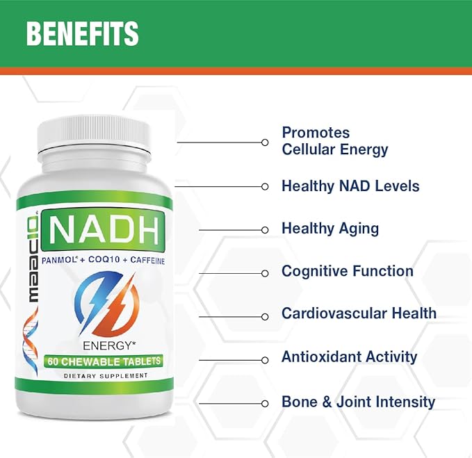 MAAC10 Energy Booster - with NADH, Caffeine & Coq10 Fast Acting Chewable Tablets - Great for Fatigue, Energy & Mental Focus.