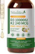 Mulittea Vitamin D3 K2 Liquid 10000 IU w/Vegan Omega-3 & Coconut MCT Oil - Maximum Strength Vitamin D Supplement, No Fillers, Non-GMO K2 as MK7 for Bones, Muscles & High Absorption-2 Fl Oz 1pack