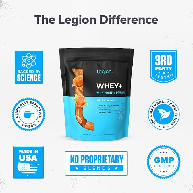 LEGION Whey+ Protein Whey Isolate from Grass Fed Cows (Salted Caramel, 30 Servings) - Whey Protein Isolate Powder, Low Calorie, Non-GMO, Sugar Free, Lactose and Gluten Free, All Natural Protein Powder