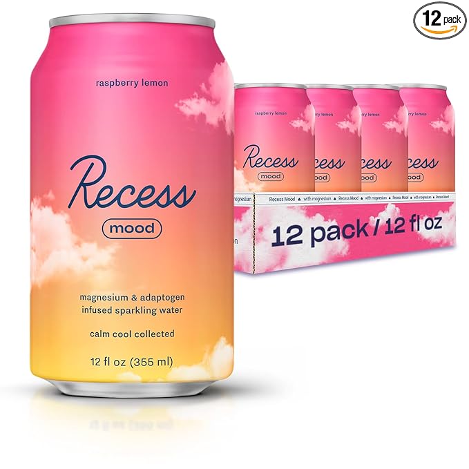 Recess Mood Magnesium & Adaptogen Drink, Calming Relaxation Beverage, 12 Ounce (Raspberry Lemon, 12 Pack)