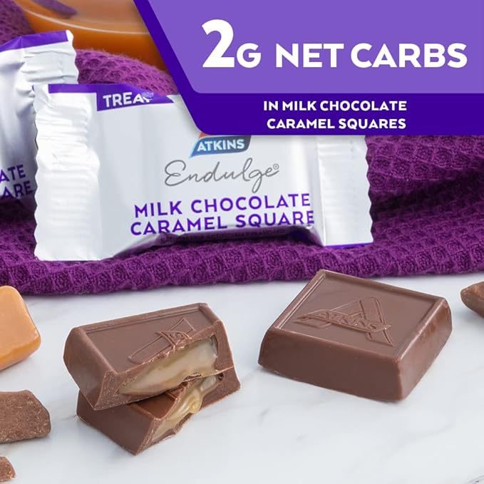 Atkins Endulge Milk Chocolate Caramel Squares, Dessert Favorite, Good Source of Fiber, 1g Sugar, 90 Count