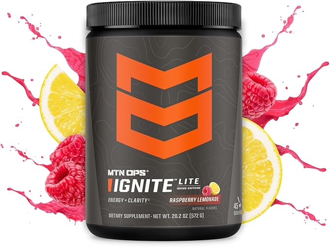 MTN OPS Ignite Lite Sugar Free Energy Drink Powder with 100mg Caffeine, Nootropic Blend for Energy & Focus, L Arginine & L Citrulline for Endurance, 45 Servings, Raspberry Lemonade
