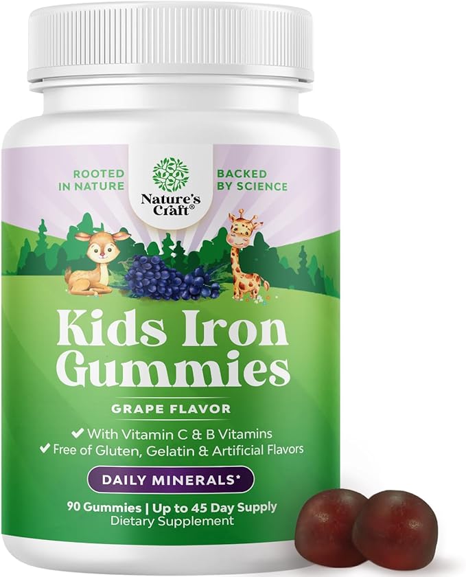 Kids Iron Gummies - Blood Builder Iron Supplements for Kids with Gentle for Stronger Immunity & Energy - Vitamin B12, Folate & Vitamin C Gummies - Vegan GMO & Gluten Free for Toddlers - 90 Count