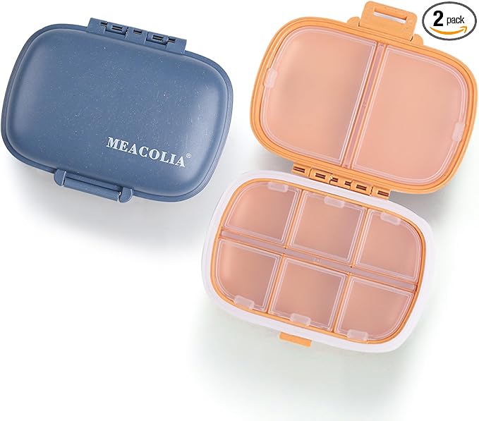 8 Compartments Travel Pill Organizer Box Moisture Proof Small Pill Case for Pocket Purse Daily Pill Holder Container for Medicine Vitamin (Dark Blue & Yellow, 2 Pack)
