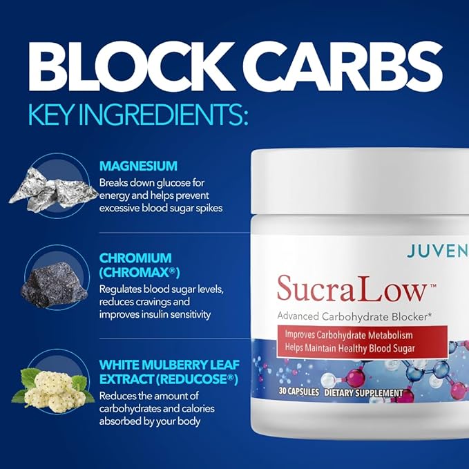 Juvenon SucraLow Advanced Carb Blocker – Supports Blood Sugar, Reduces Carb & Starch Absorption, Aids Metabolism & Limits Fat Storage – Mealtime Supplement for High-Carb Meals (30 Capsules)
