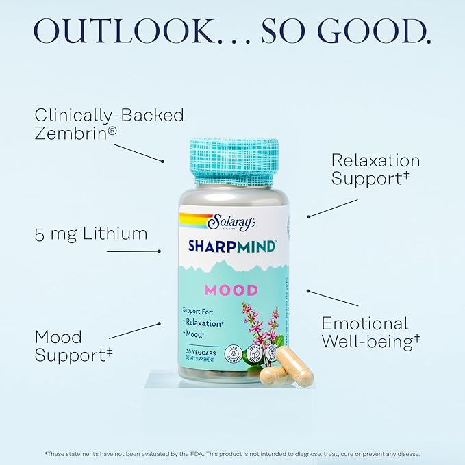 SOLARAY SharpMind Mood Support Supplement, Nootropic for Relaxation and Emotional Well-Being, Zembrin, Holy Basil, Lithium 5mg, Organic Reishi Mushroom, 60 Day Guarantee, 30 Servings, 30 VegCaps