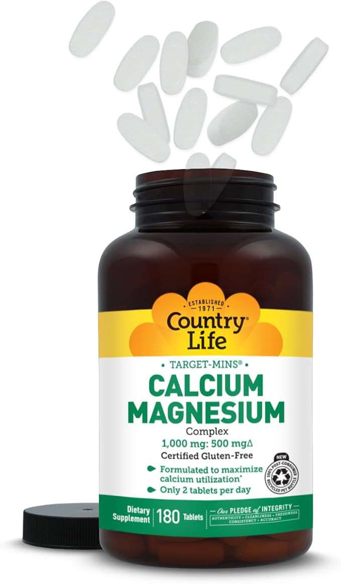 Country Life Target-Mins Calcium Magnesium Complex 1000mg/500mg, 180 Tablets, Certified Gluten Free, Vegan, Non-GMO Verified