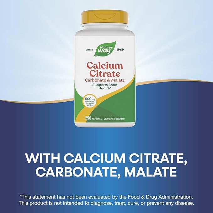 Nature's Way Calcium Citrate, 500 mg Calcium per 2-Capsule Serving, for Bone Health & Muscle Function*, Blend of Citrate, Carbonate & Malate, Gluten Free, 250 Capsules (Packaging May Vary)