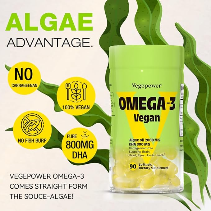 Vegan Omega-3 Algae DHA Supplements - 2000mg Algae Oil, Plant-Based Prenatal Algal DHA, 90 Carrageenan Free Softgels -Sustainable Fish Oil Alternative Supports Brain, Heart, Eyes, Joint Health