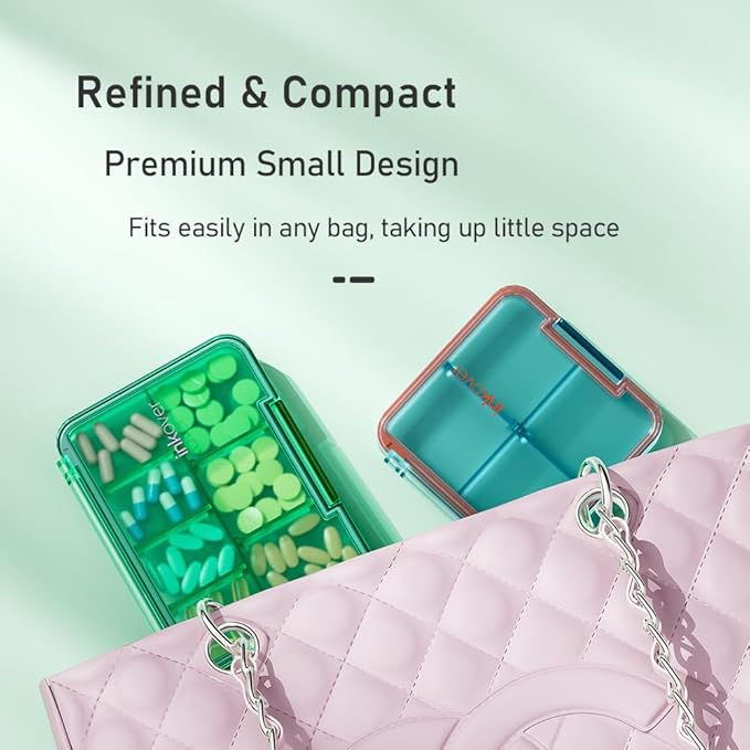 Small Pill Organizer, Waterproof & Portable Pill Case for Daily Travel - Adjustable 7 Compartments Compact Medicine Holder for Vitamins, Pills, Perfect for Purse or Pocket (Green)