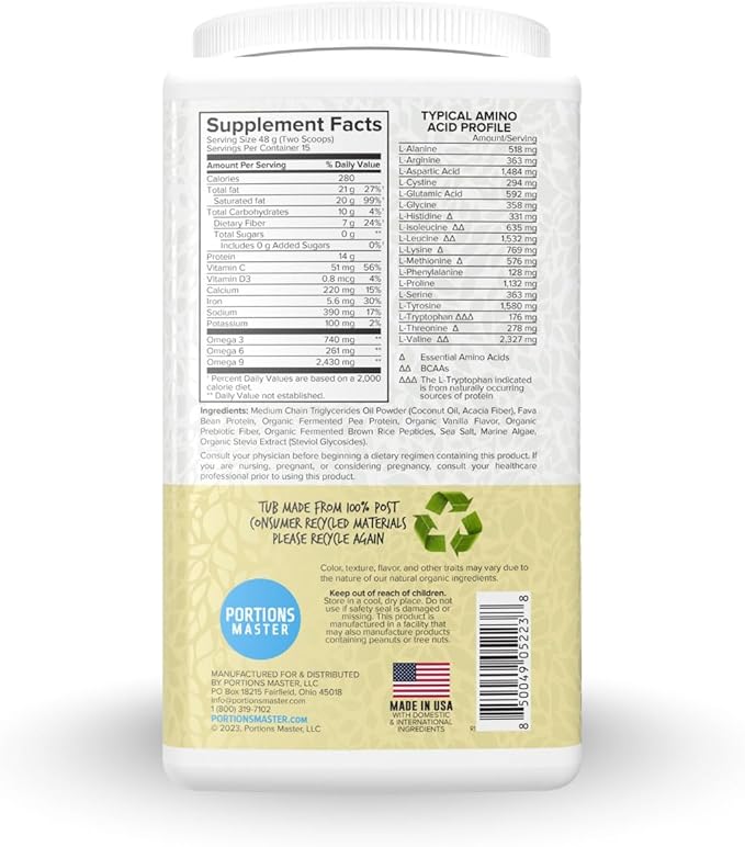 Portions Master Keto Body Protein Peptides Low Carb Keto Protein Powder with MCT Oil Peptides Fiber Vitamins Minerals (720g, Vanilla Cream)