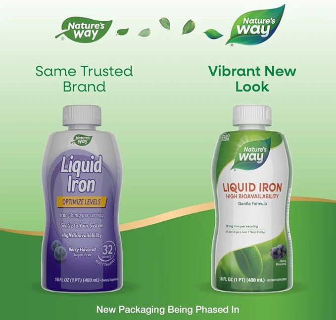 Nature’s Way Liquid Iron Supplement, 18 mg per Serving, Gentle Glycinate Iron, Fast-Absorbing Liquid, Iron for Red Blood Cell Support and Energy Metabolism*, No Sugar Added, Berry Flavored, 16 Fl Oz