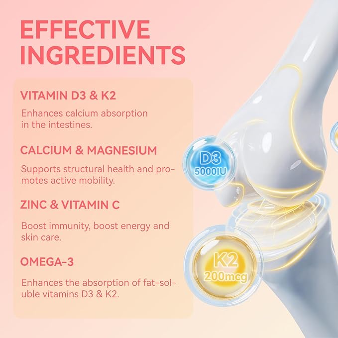 Vitamin D3 K2 Gummies for Adults - Vitamin D3 5000IU + K2 (MK-7) 200mcg, with Calcium Citrate, Magnesium Citrate, Omega-3 for Bone, Muscle, Teeth Immune - 120 Gummies