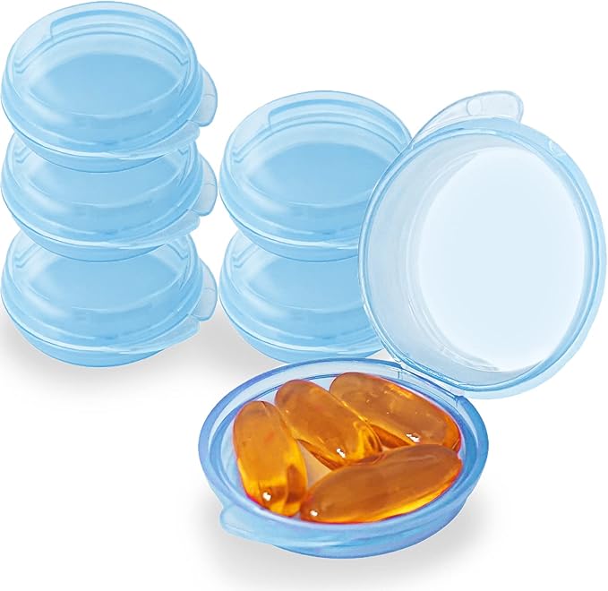 Pill Organizer for Pocket, Mini Pill Box for Pocket Purse, Portable Travel Pill Container, Small Secure Storage for Supplements & Daily Care (Blue 6 PCS)