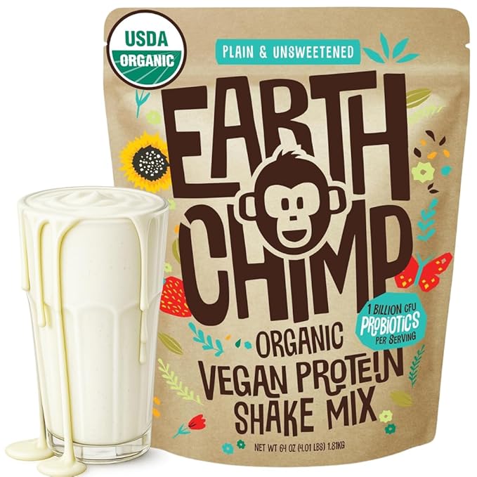 EarthChimp Organic Vegan Protein Powder - with Probiotics - Non GMO, Dairy Free, Non Whey, Plant Based Protein Powder for Women and Men, Gluten Free - 52 Servings, 64 Oz (Plain & Unsweetened)