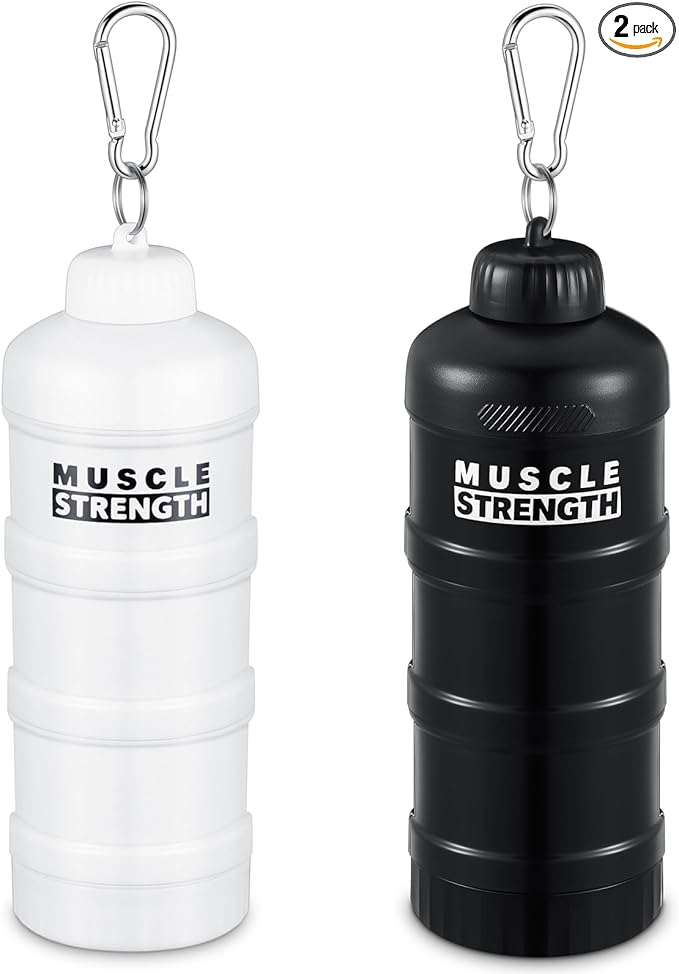 Baderke 2 Pcs Protein Powder Container with Funnels Stand, 3 Stackable Leakproof Protein Powder Dispenser, Portable Keychain Powders Container for Workout, Fitness, Travel(Black and White)