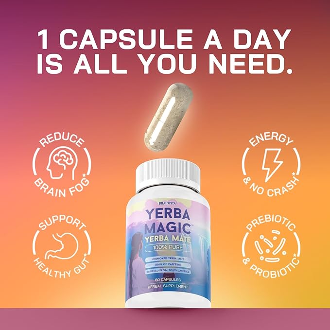 Yerba Magic Yerba Mate Capsules - 100% Pure Extract, High Potency Energy & Focus - 75mg Clean Caffeine Yerba Mate Pill, No Jitters, No Fillers - Unsmoked, South American Sourced - 60 Day Supply