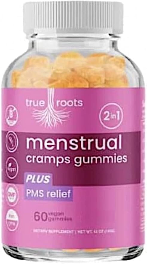 Menstrual Cramp Period Gummies True Roots | PMS Support Supplement for Women | Healthy Flow | Flo PMS Menstrual Cycle Relief, Cramping and Bloating | Vegan & Natural Flavors | 60 Count