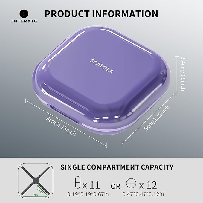 ONTERATE Small Pill Case, Travel Pill Organizer, Small Pill Box, Pill Container for Purse 4 Compartments, Daily Compact Travel Medicine Holder for Vitamins Medication (Purple)