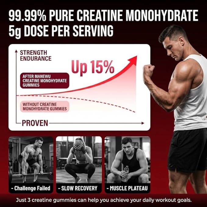 99.9% Creatine Monohydrate Gummies, SGS Certified, 5000mg Creatine Gummies for Men & Women, Support Muscle Strength, Recovery & Stamina, Sugar Free, Vegan, Non-GMO, Strawberry Flavor, 90 Count