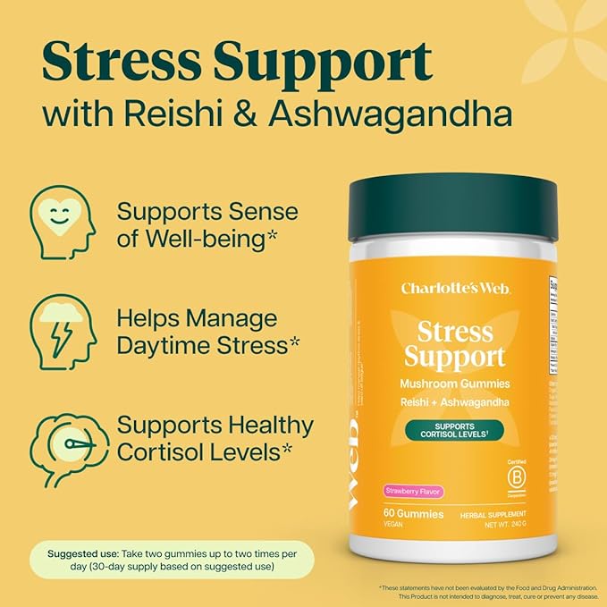 Charlotte's Web Stress Support Mushroom Gummies w/Reishi, Ashwagandha, Rhodiola Rosea Supplement — Natural Supplement — Strawberry-Flavored Ashwagandha Gummies (30 Servings)