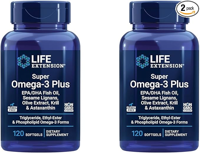 Life Extension Super Omega-3 Plus EPA/DHA Fish Oil, Sesame Lignans, Olive Extract, Krill & Astaxanthin - Heart, Brain & Joint Health Support - Gluten-Free, Non-GMO - 120 Softgels,(Pack of 2)