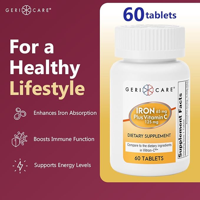 GeriCare Iron 65mg Plus Vitamin C 125mg Tablets – High-Absorption Iron for Anemia Support, Red Blood Cell Production, Fatigue Reduction, and Immune Health – 60 Count
