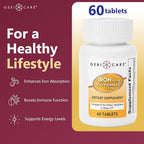 GeriCare Iron 65mg Plus Vitamin C 125mg Tablets – High-Absorption Iron for Anemia Support, Red Blood Cell Production, Fatigue Reduction, and Immune Health – 60 Count (2 Pack)