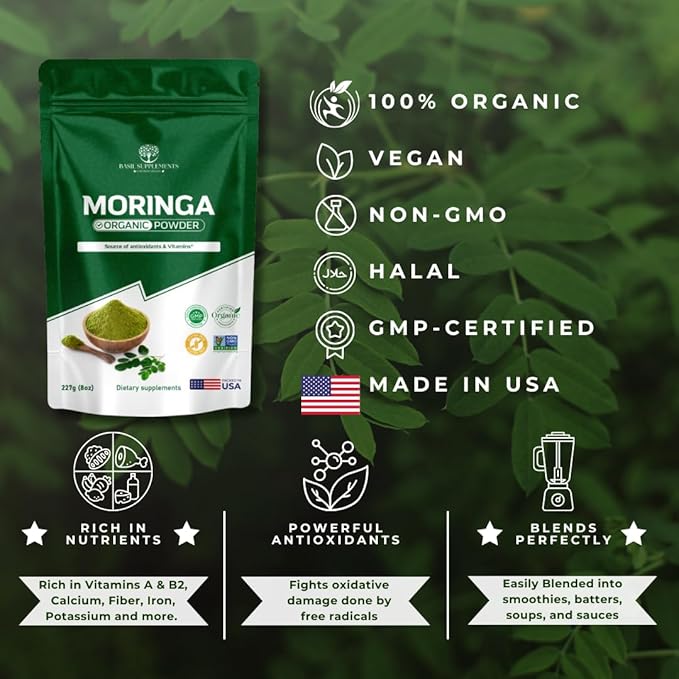 Organic Moringa Powder Pure Moringa Leaf Powder Organic Superfood | Energy, Immunity & Wellness Support | Non-GMO, Gluten-Free | Natural Organic Moringa Leaf Powder
