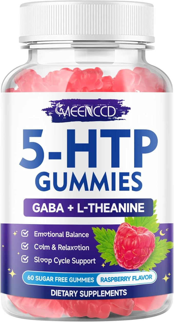 5-HTP Gummies 300mg, 5-HTP Supplement with 200mg L-Theanine & 50mg GABA, GABA Supplements for Adults, Sugar Free, Raspberry Flavor, 60 Count