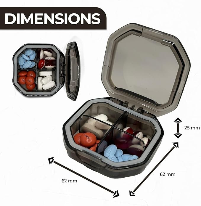 Travel Pill Organizer - Durable, Watertight Pill Case Travel Size with 4 Compartments - Compact Pill Travel Case for Vitamins, Supplements, Medicine - Travel Pill Container for Purse (Gray)