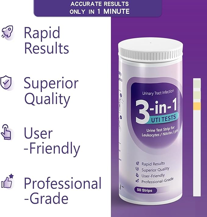 UTI Test Strips - 3-in-1 Advanced Urinary Tract Infection Home for Women Men Kids Detection with Accurate Leukocytes, Nitrite, and PH Readings, Simple at-Home Urine Test Strips, 50ct