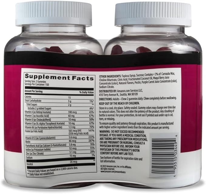 Amazon Basics Adult Multivitamin Gummies, Mixed Berry & Cherry Flavors, 150 Count, 75-Day Supply, Pack of 2 (Previously Solimo)