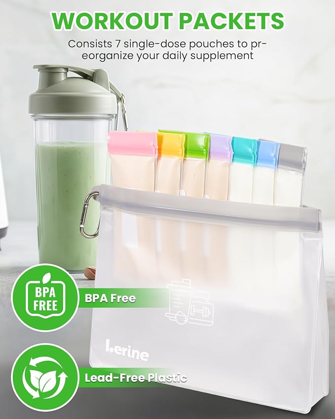 Lerine Protein Powder Travel Container Set, Reusable Protein Powder Container To Go, 21Pcs Single Dose Bags & 3Pcs Large Zip Bags, Portable Supplement Storage Containers with Funnel, Spoon