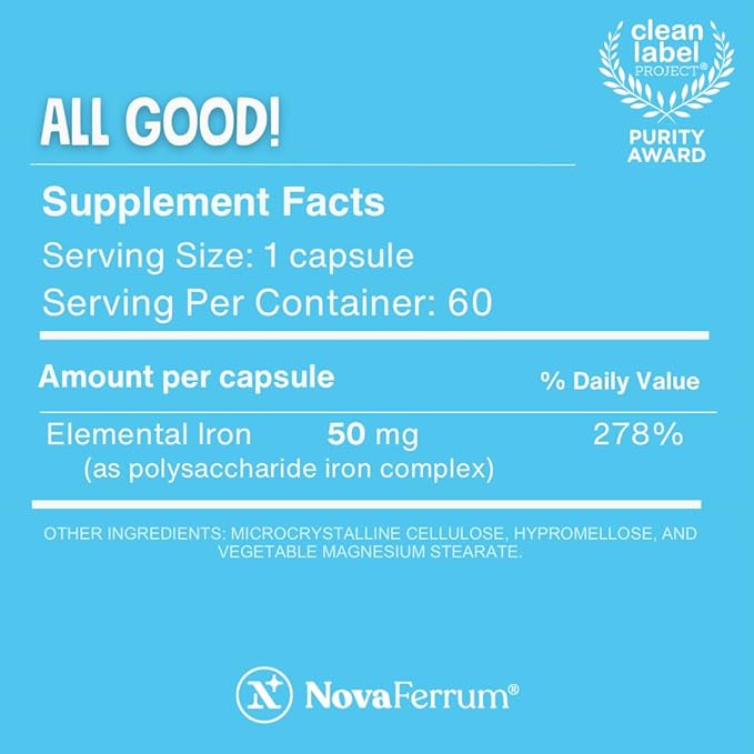 NovaFerrum All Good | Iron Capsule Supplements for Adults | Anemia | 50mg of Iron | 60 Servings | Sugar Free