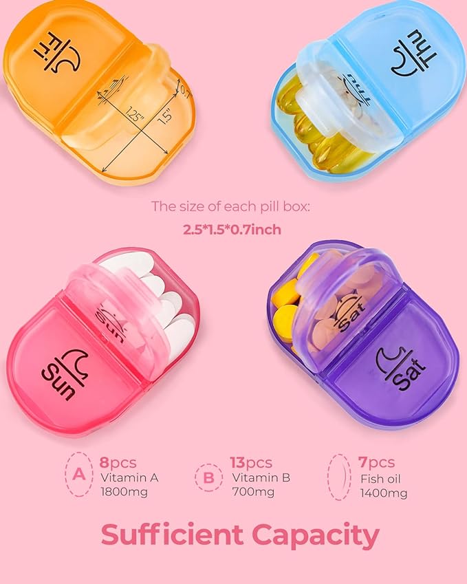 AMOOS Cute Pill Organizer 2 Times a Day, PU Leather Pill Case for Women, Portable Weekly Pill Box for Purse with Storage Bag to Hold Vitamins, Medications, Fish Oils, Supplements (Pink)