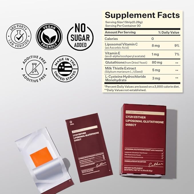 ESTHER FORMULA Liposomal Glutathione Strips (30 ct) - Glutathione Direct, Antioxidant Support, Skin Brightening | Fast-Absorbing Oral Beauty Film | Korean Supplements | Made in USA